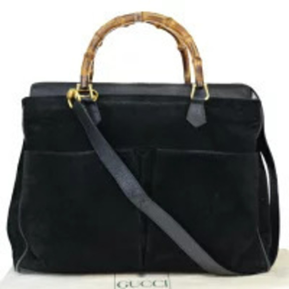 Gucci Handbags - Gucci Bamboo Handbag Shoulder Bag Black Suede Leather